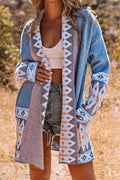 Blue Aztec Print Open Front Knitted Cardigan Blue 48%Acrylic+28%Nylon+24%Rayon Bazaare Mart Sweaters & Cardigans/Cardigans