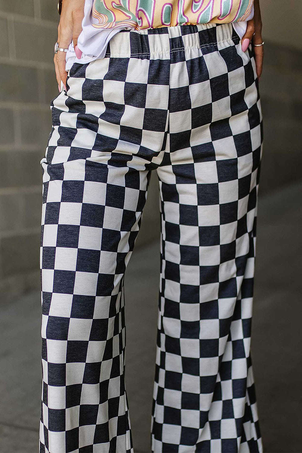 B&W Checkered Print High Waist Wide Leg Pants