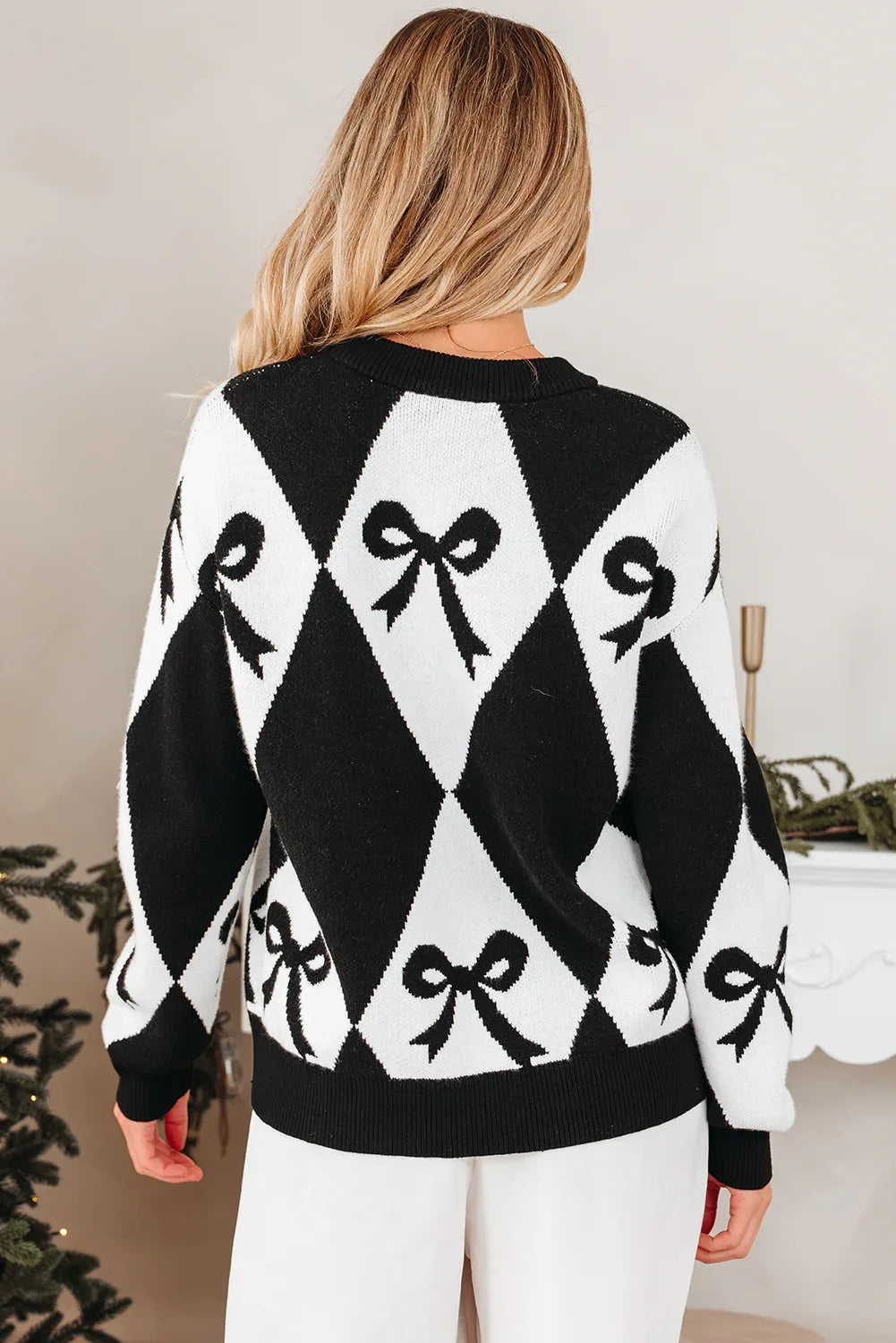 Black Bow Print Rhombus Pullover Sweater Bazaare Mart Sweaters & Cardigans/Sweaters