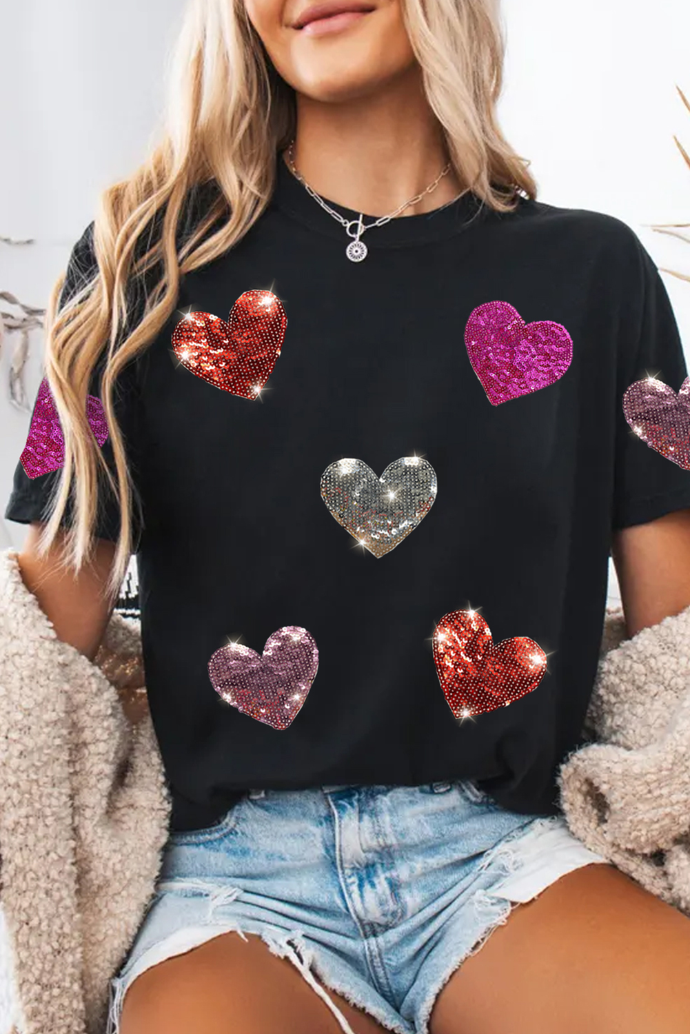 Black Sequin Heart Patch Tee