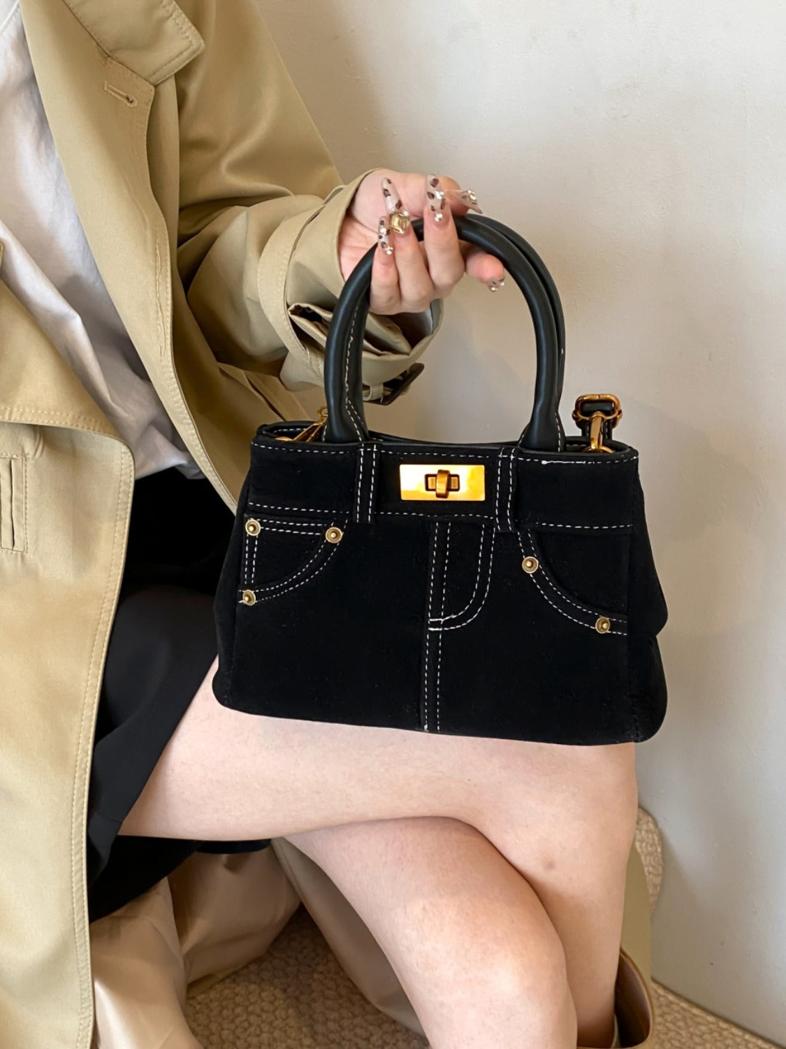 Small Suede Adjustable Strap Double-Use Handbag