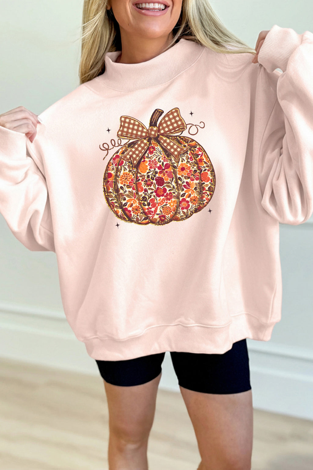 Floral Pumpkin Graphic Mock Neck Oversized Sweatshirt