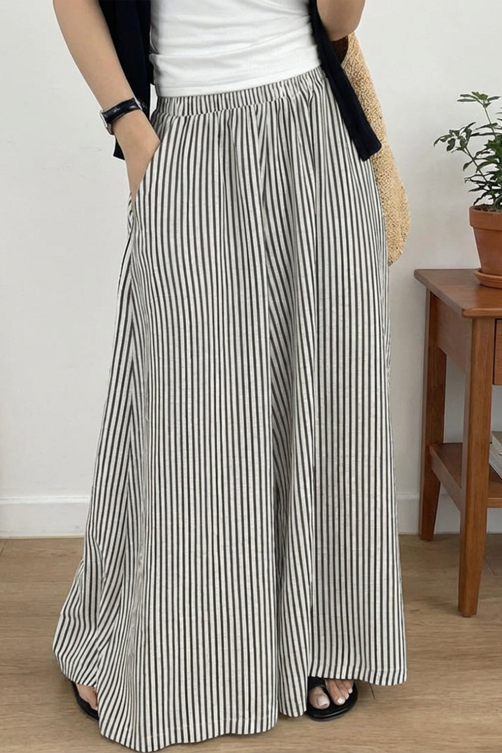 Black Stripe Elastic Waist Ultra Wide Leg Pants Black Stripe 60%Polyester+35%Cotton+5%Elastane Dear-Lover Dropshipping Bottoms/Pants & Culotte