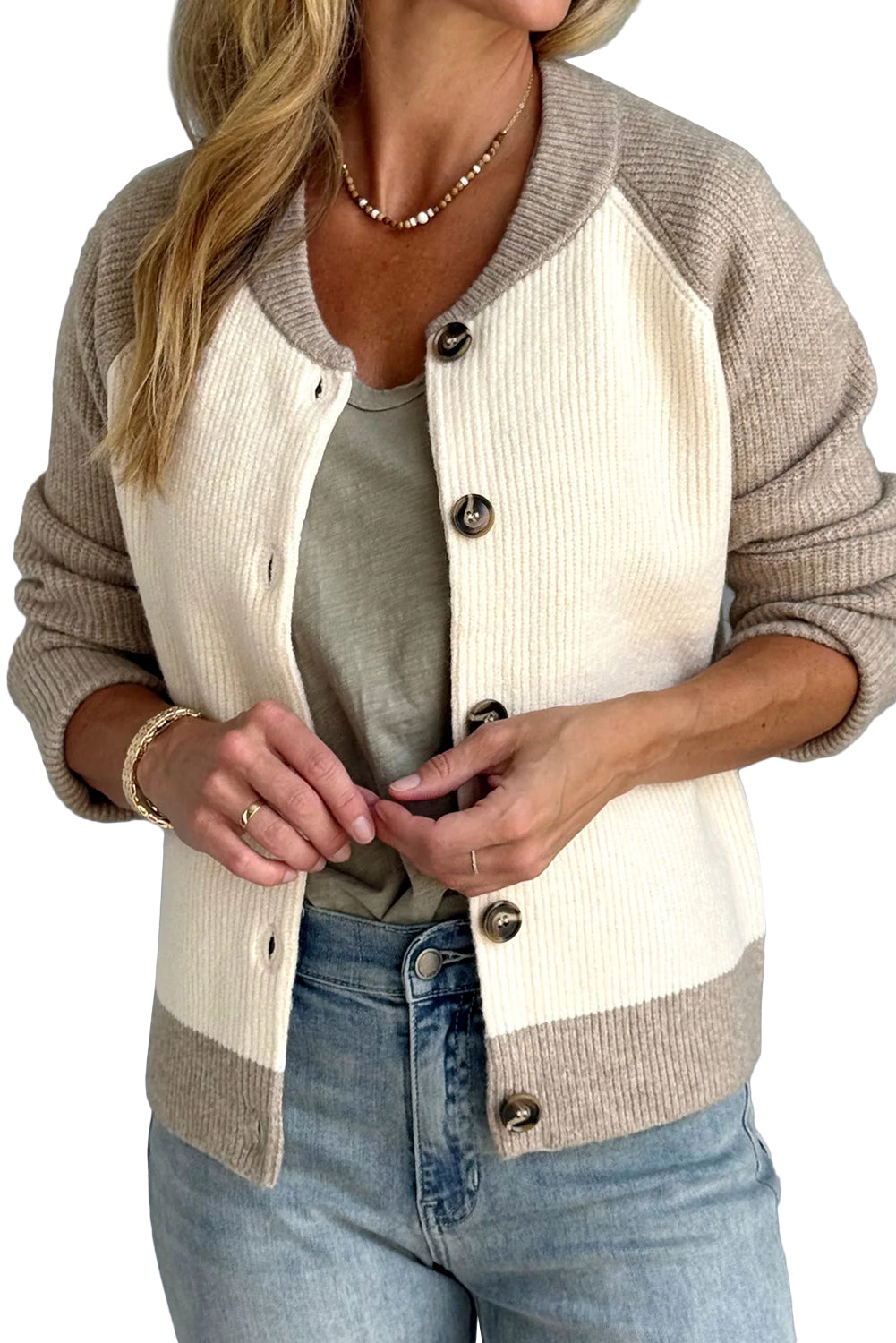 White Colorblock Button Front Cardigan Shewin Cardigans