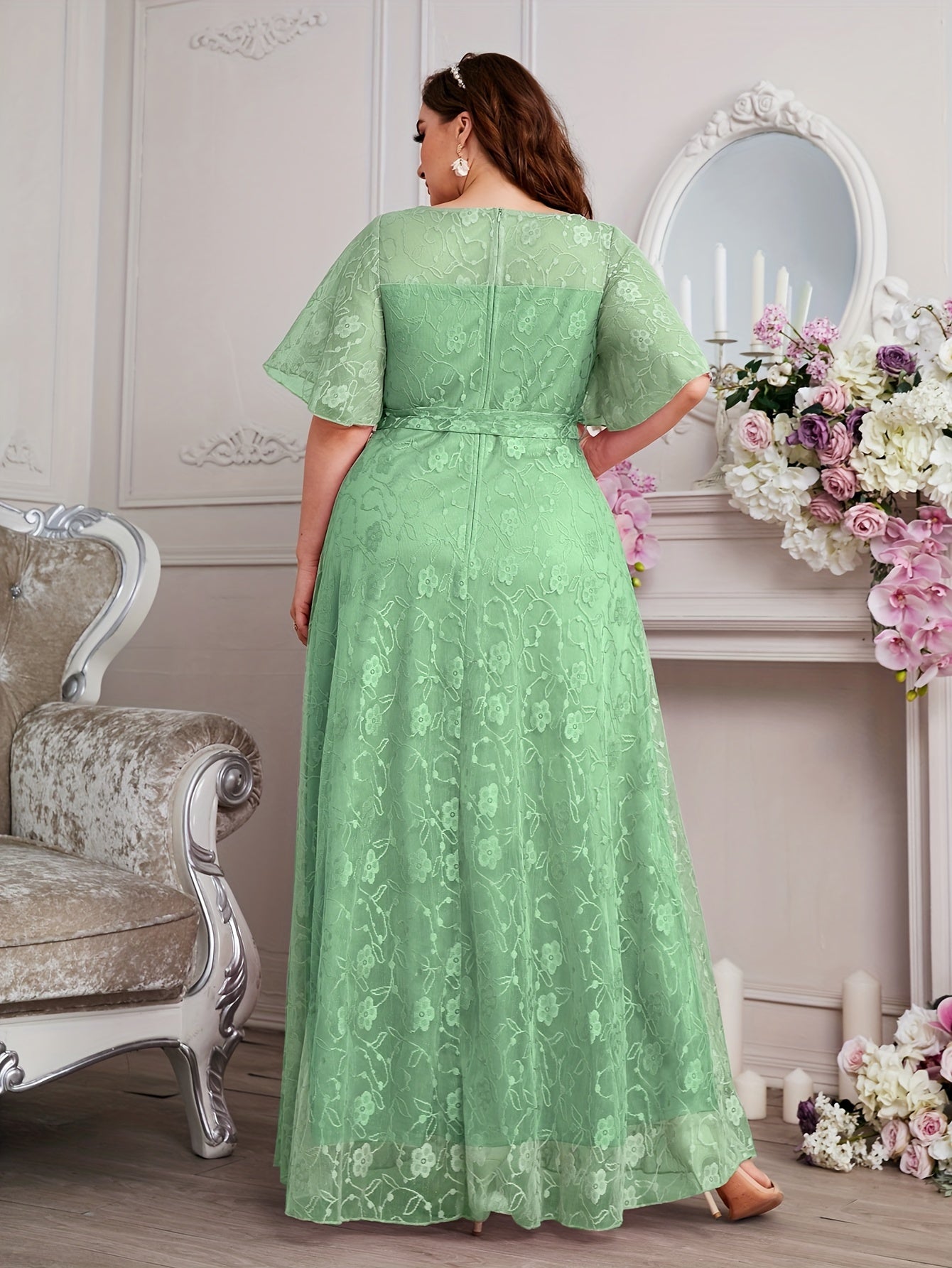 Elegant High Waist Lace Round Neck Half Flutter Sleeve Solid Color Formal Floor Length Dress
