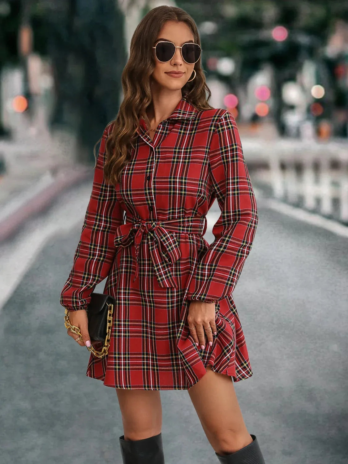 Plaid Tie Front Collared Neck Long Sleeve Dress Deep Red Bazaare Mart Plaid Tie Front Collared Neck Long Sleeve Dress