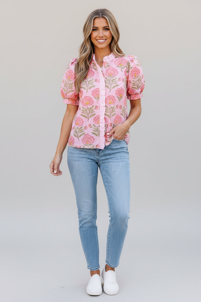Pink Sweet Blooms Ruffle Striped Trim Puff Sleeve Shirt