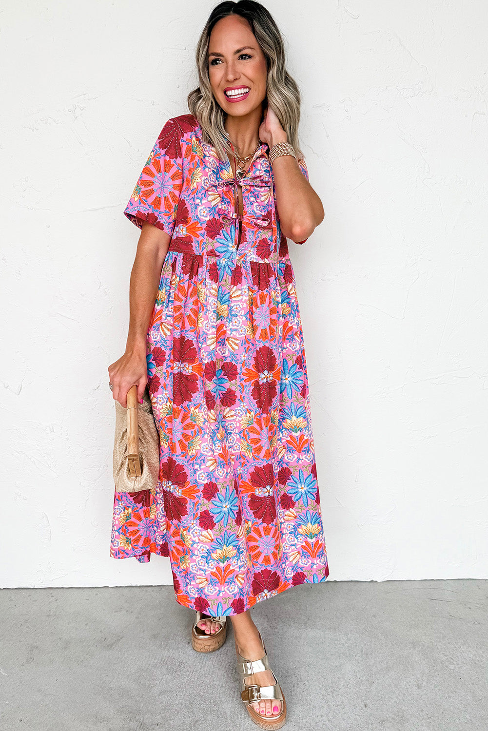 Rose Floral Tie Front Empire Waist Midi Dress Shewin Midi Dresses