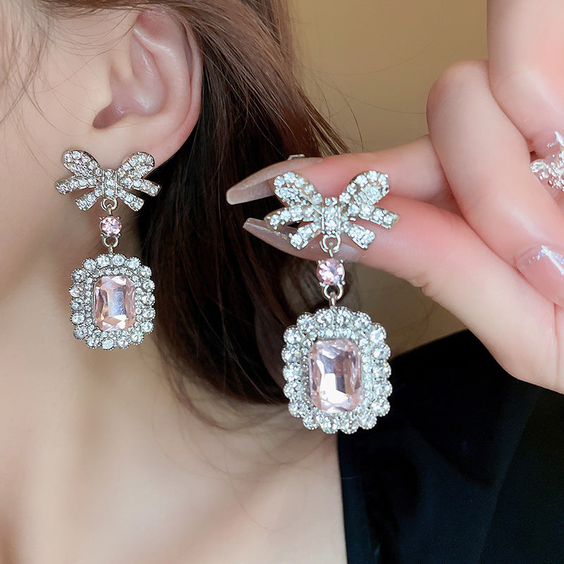 Pink Crystal Emerald Cut Dangle Bow Earrings