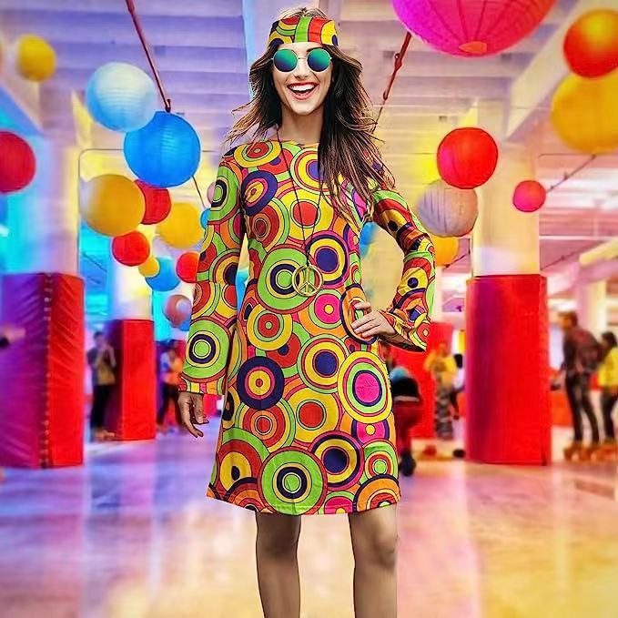 Retro Hippie Bell Sleeve Mini Dress – Boho Geometric Print High Waist Dress Vintage Skirt 1 CJ Dropshipping Retro Hippie Dress