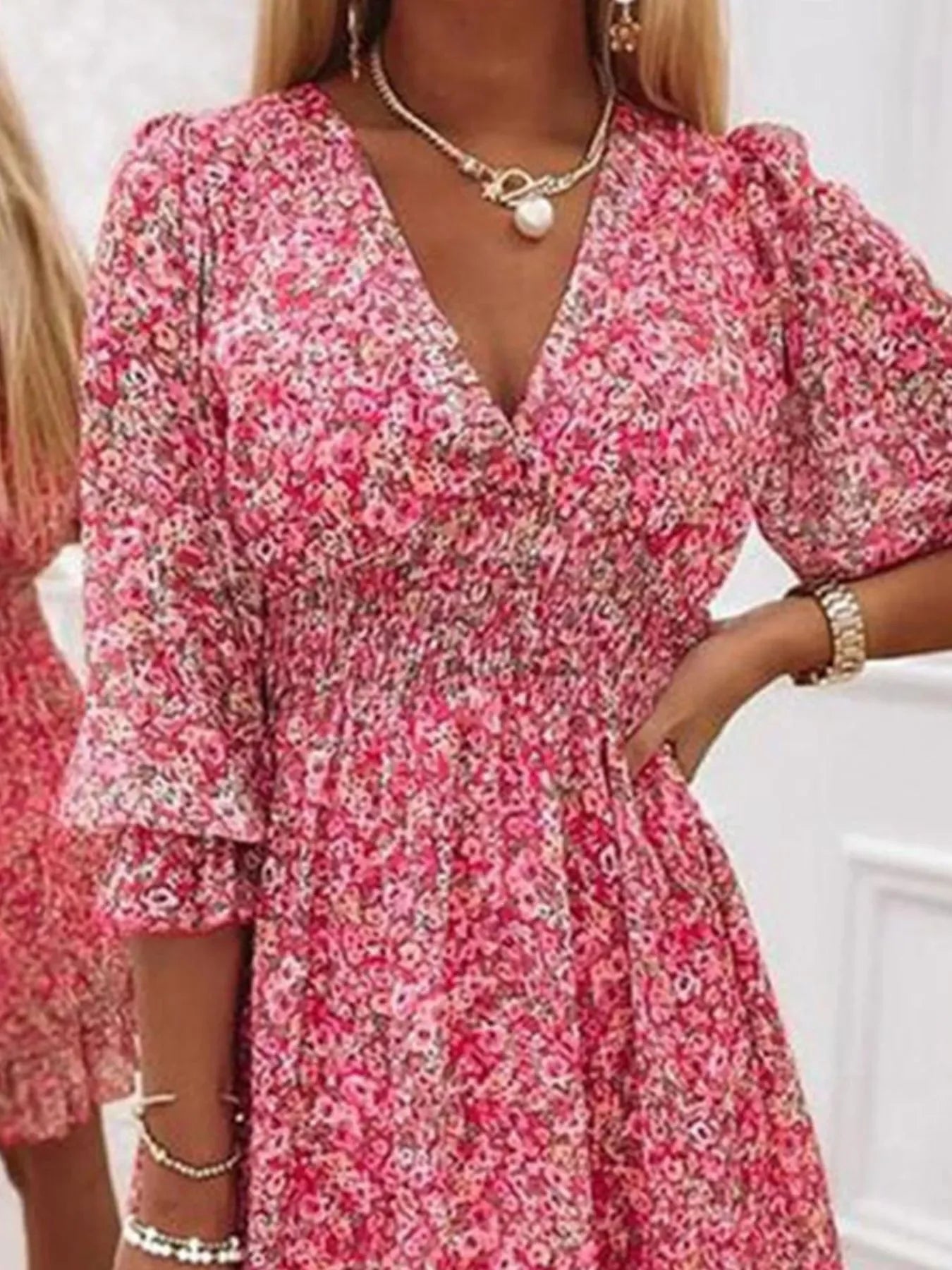 V-Neck Ruffled Hem 3/4 Sleeve Floral Dress Bazaare Mart Ruffled Hem Floral Dress Plus Size