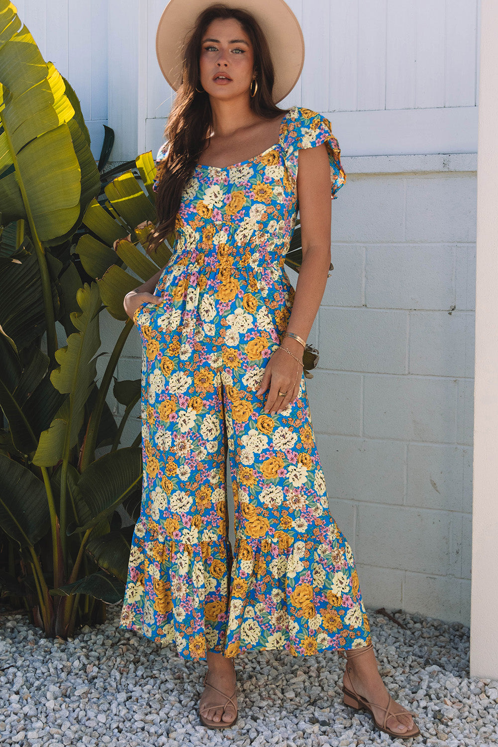 Floral Allover Print Shirred Cut Out High Waist Jumpsuit Dear-Lover Dropshipping Bottoms/Jumpsuits & Rompers