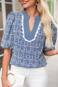 Blue Floral Ricrac V Neck Puff Sleeve Blouse Blue 100%Polyester Shewin Blouses