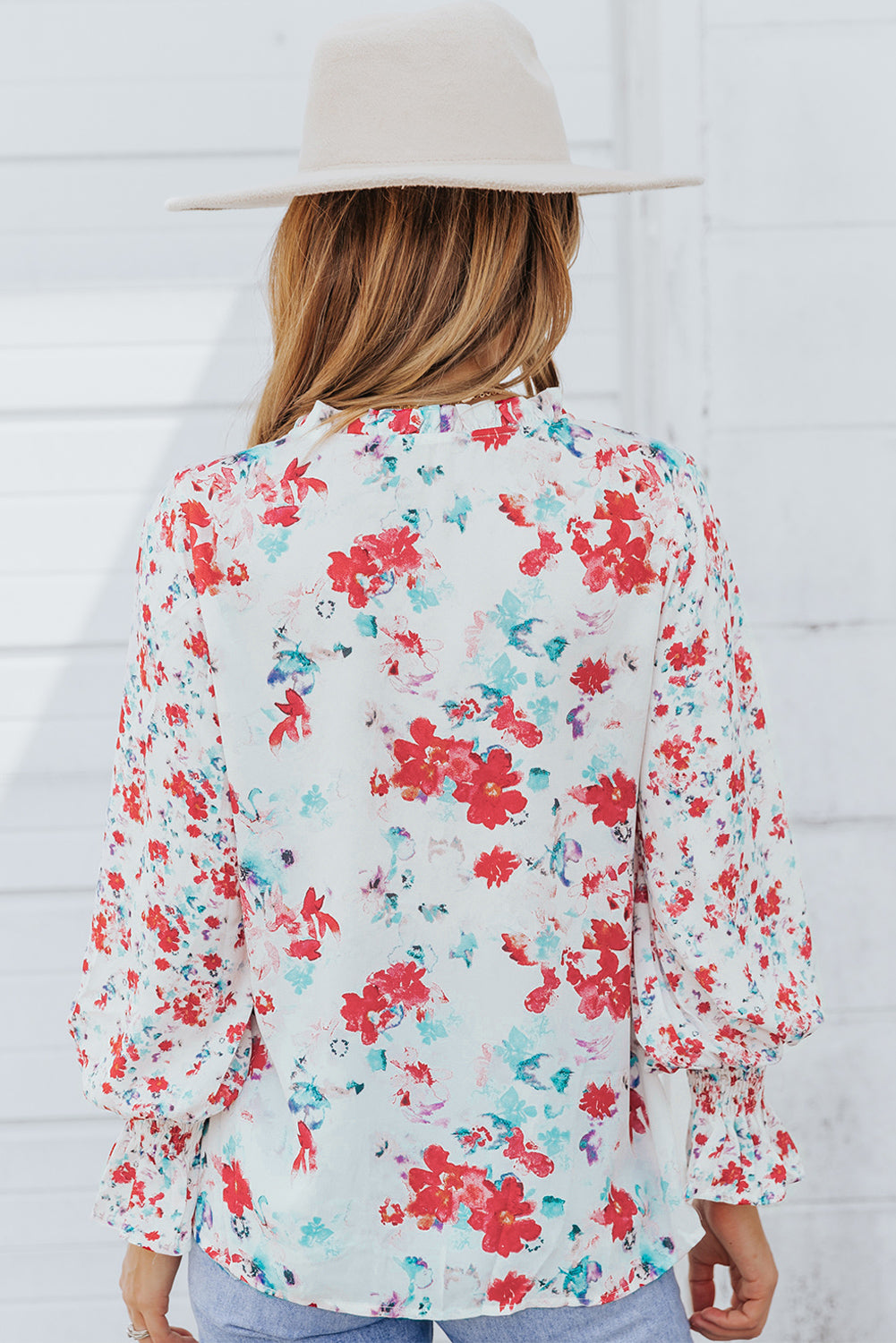 Floral V-Neck Blouse with Long Balloon Sleeves