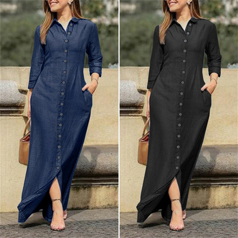 Button Down Denim Maxi Dress with Pockets