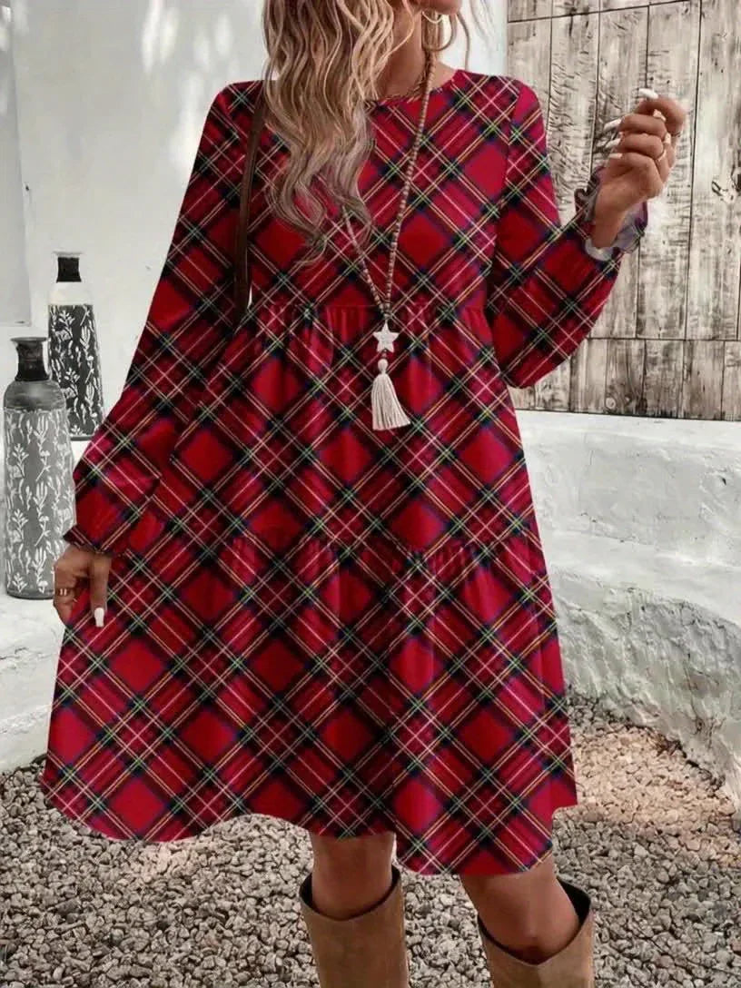 Round Neck Long Sleeve Tiered Empire Dress Bazaare Mart Round Neck Long Sleeve Tiered Empire Dress