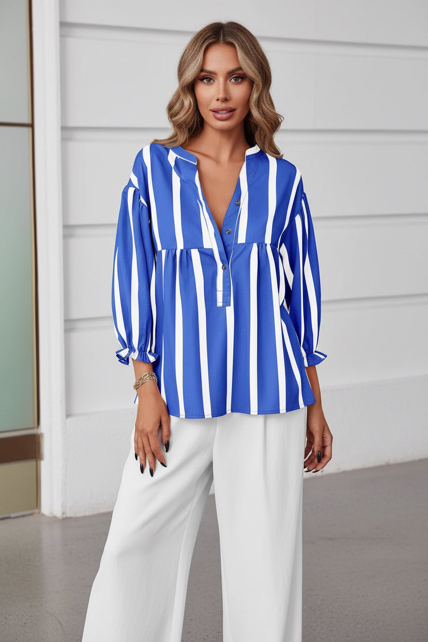 Women’s Striped Puff Sleeve Blouse – Loose Fit 3/4 Sleeve Half Button Top CJ Dropshipping Wide Vertical Stripe 3/4 Sleeve Shirt