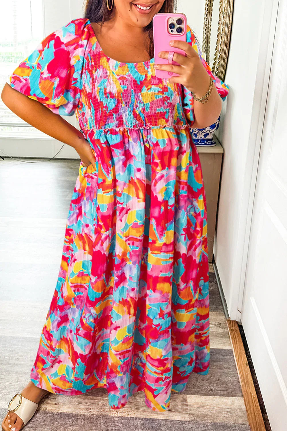 Rose Abstract Printed Puff Sleeve Square Neck Smocked Bust Tied Back Plus Size Dress Dear-Lover Dropshipping Plus Size/Plus Size Dresses/Plus Size Maxi Dresses