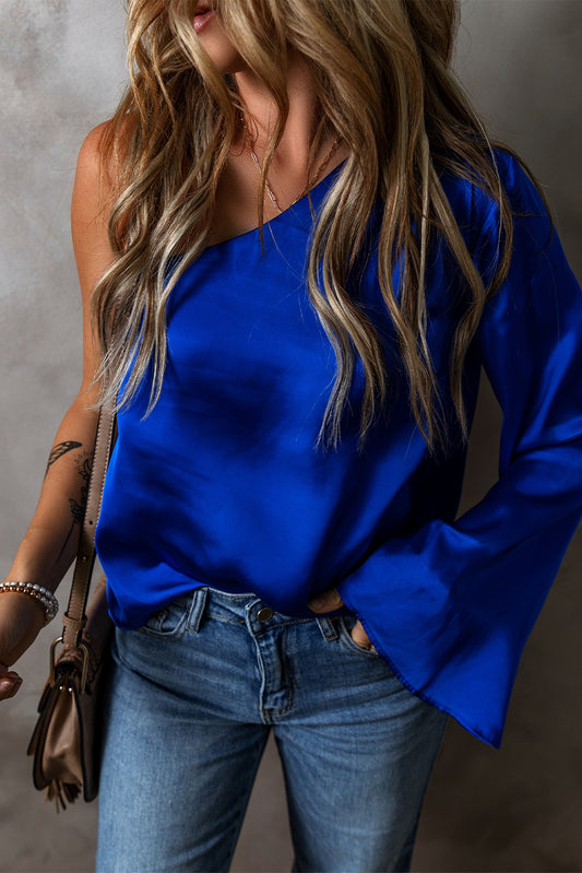 Royal Blue Asymmetric Bell Sleeve Satin Blouse