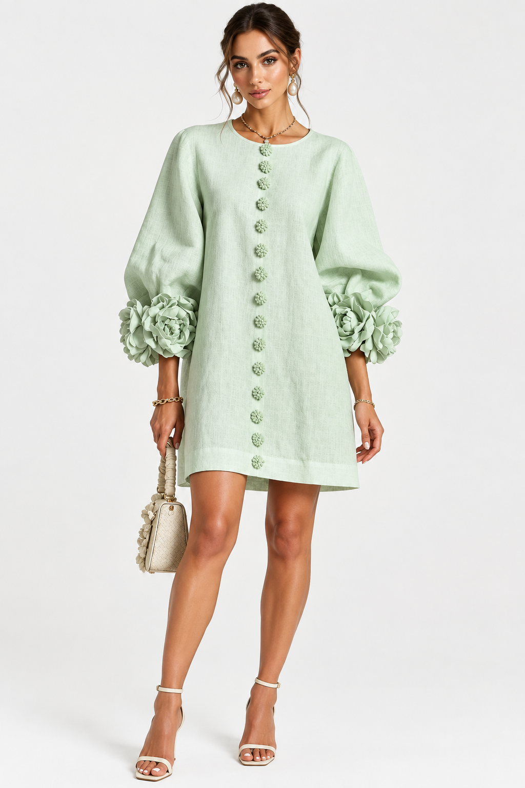 3D Floral Round Neck Mini Dress