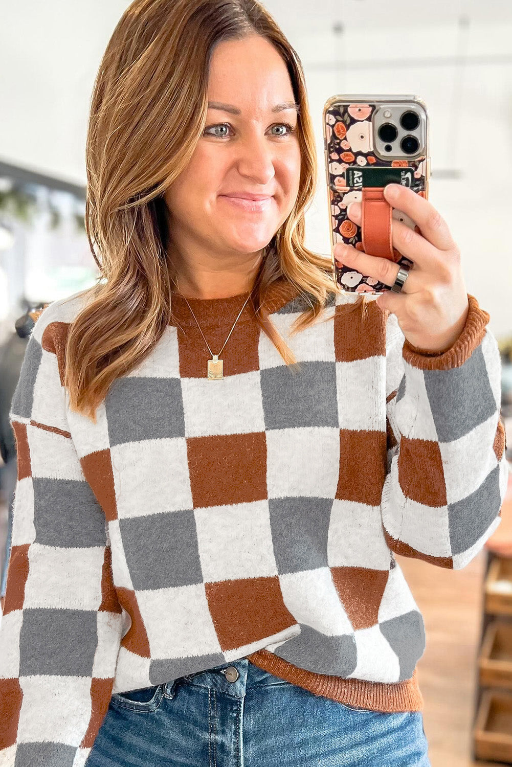 Brown Plus Size Checkered Crewneck Sweater Bazaare Mart Plus Size/Plus Size Sweaters & Cardigans