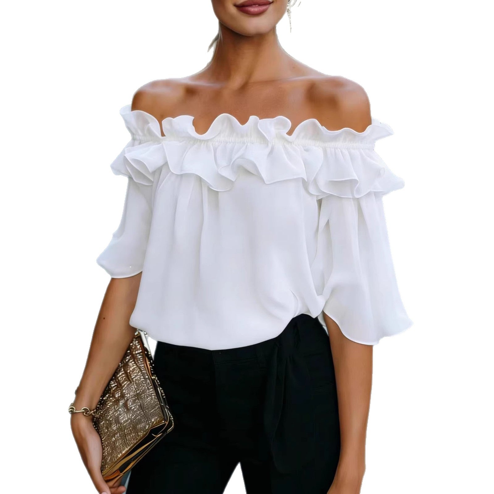 Women’s Ruffled Off-Shoulder Blouse – Loose Fit Elegant Short Sleeve Top White CJ Dropshipping Off Shoulder Blouse