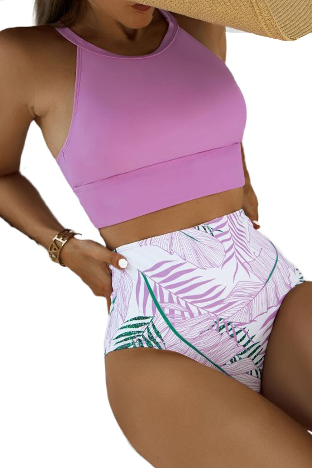 Solid Strappy Halter 2 pc Printed High Waist Swimsuit