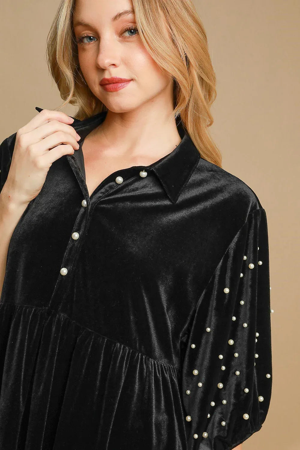 Umgee Pearl Detail Half Sleeve Black Velvet Blouse Bazaare Mart Pearl Detail Half Sleeve Velvet Blouse