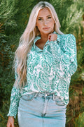 Green Paisley Print Smocked Cuff Buttoned Loose Shirt Green 100%Polyester Bazaare Mart Tops/Blouses & Shirts