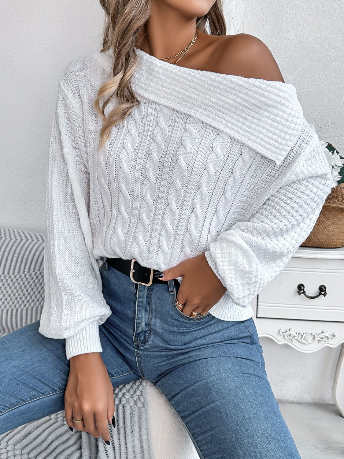 Cable-Knit Off Shoulder Long Sleeve Sweater