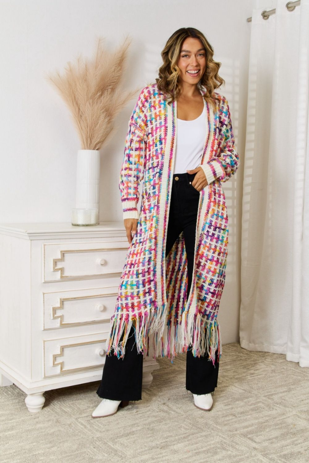 Multicolor Open Front Fringe Hem Duster Cardigan