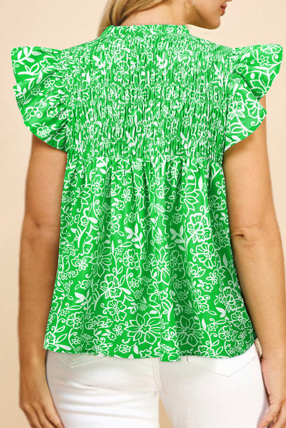 Green Floral Flutter Sleeve Blouse
