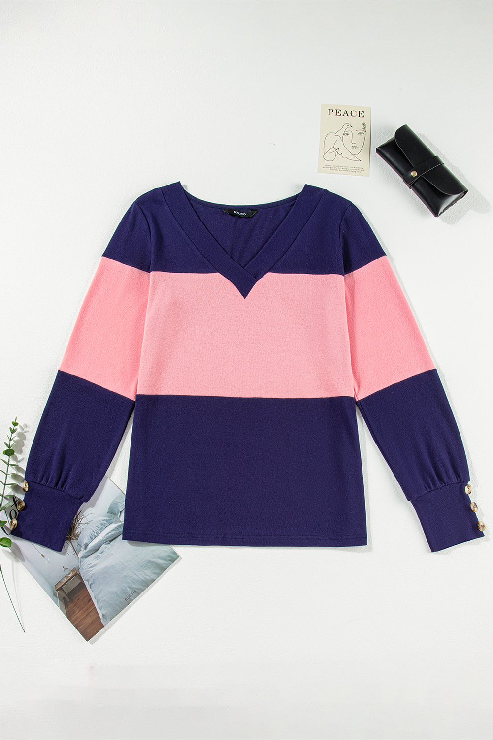 Navy & Pink Stripe Colorblock Long Sleeve V Neck Top