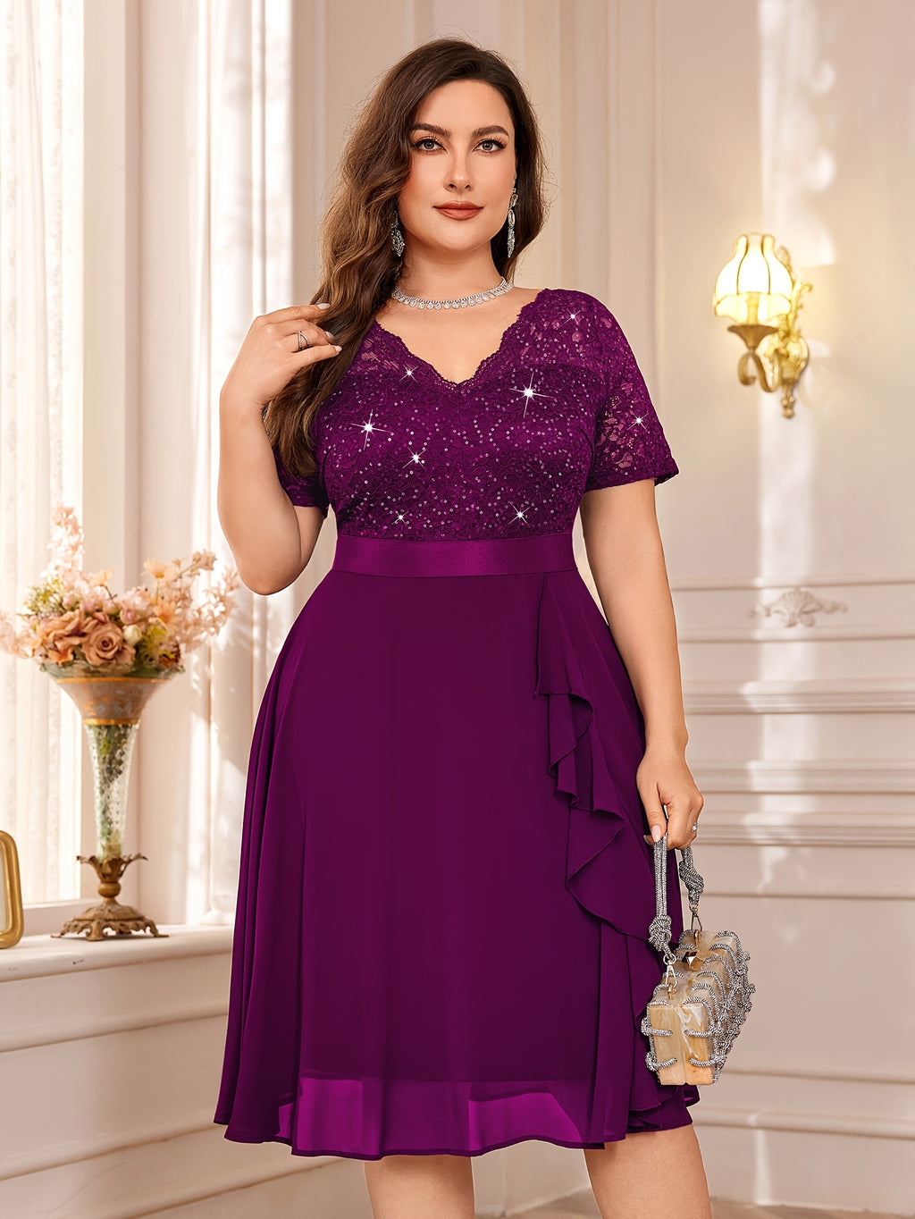 Sequin Lace V-Neck Short Sleeve Chiffon Ruffle Hem Dress