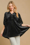 Umgee Pearl Detail Half Sleeve Black Velvet Blouse Black Bazaare Mart Pearl Detail Half Sleeve Velvet Blouse