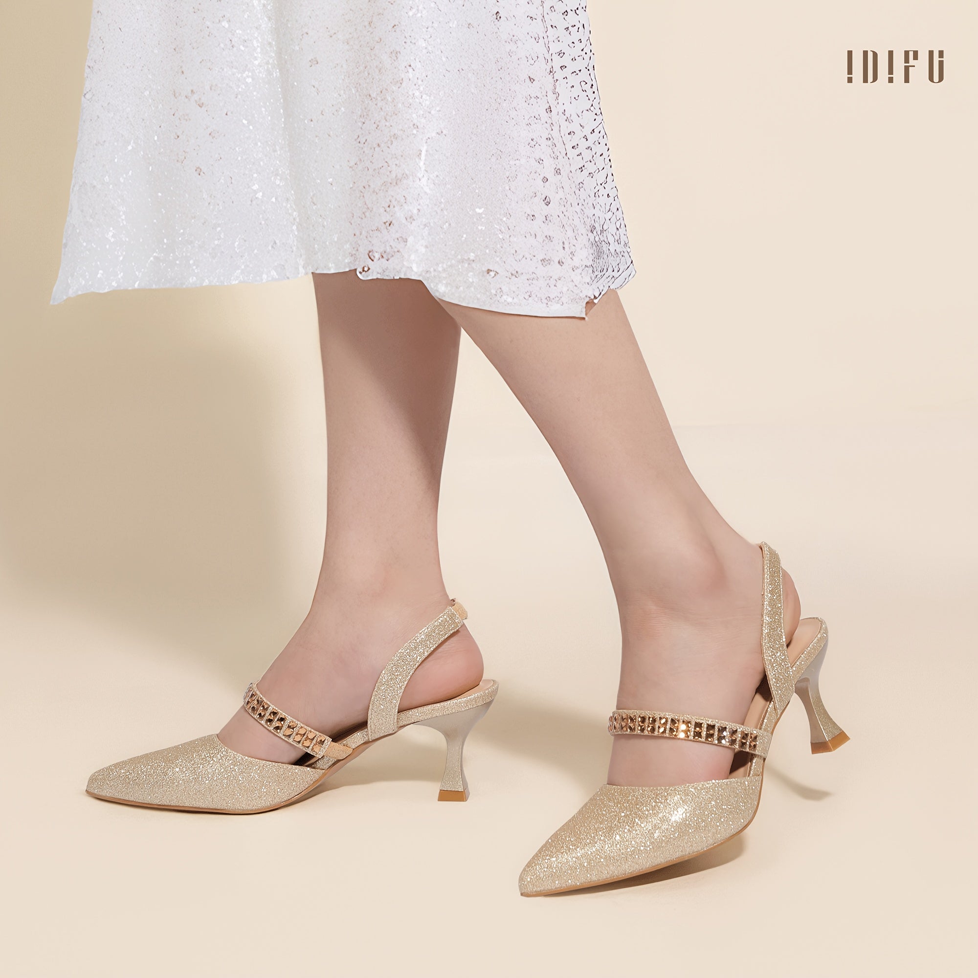 Gold Elegant Rhinestone-Embellished Pointed Toe Half Heel Strappy Shoes