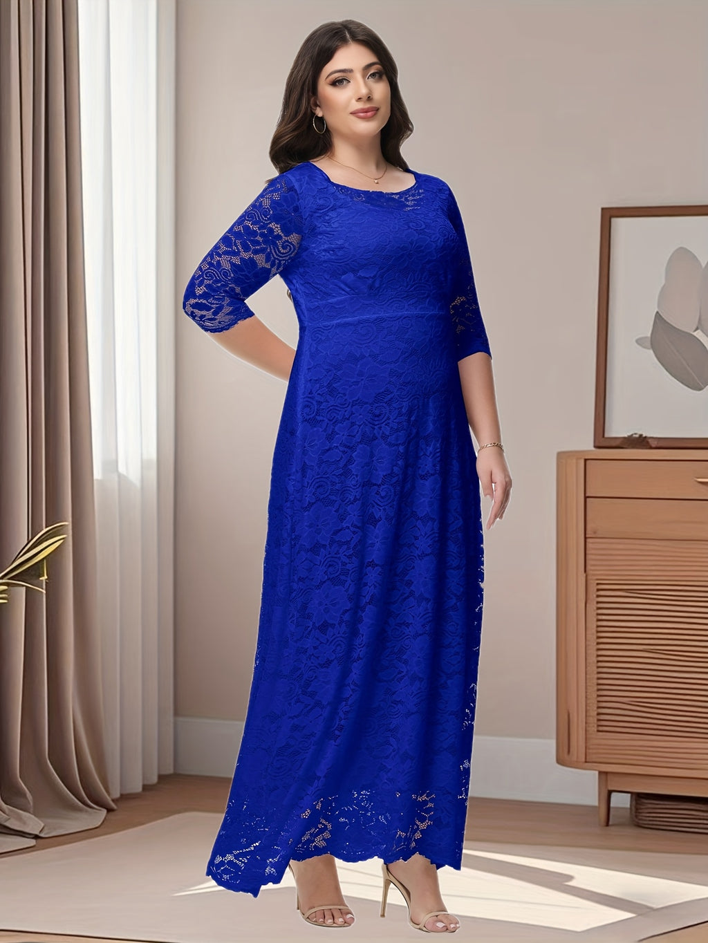 Plus Size O Neck Three Quarter Sleeve Lace Maxi Dress