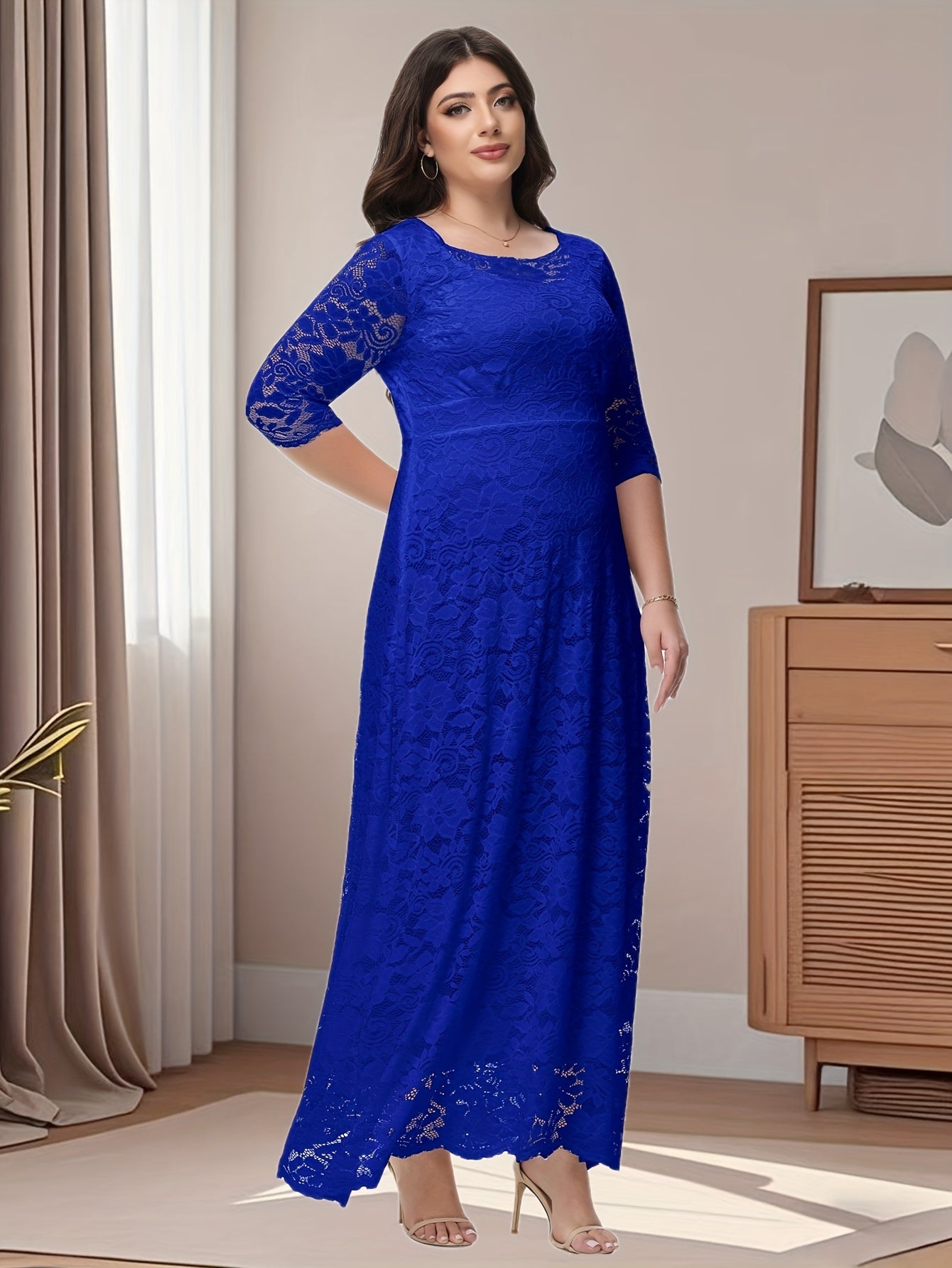 Plus Size O Neck Three Quarter Sleeve Lace Maxi Dress