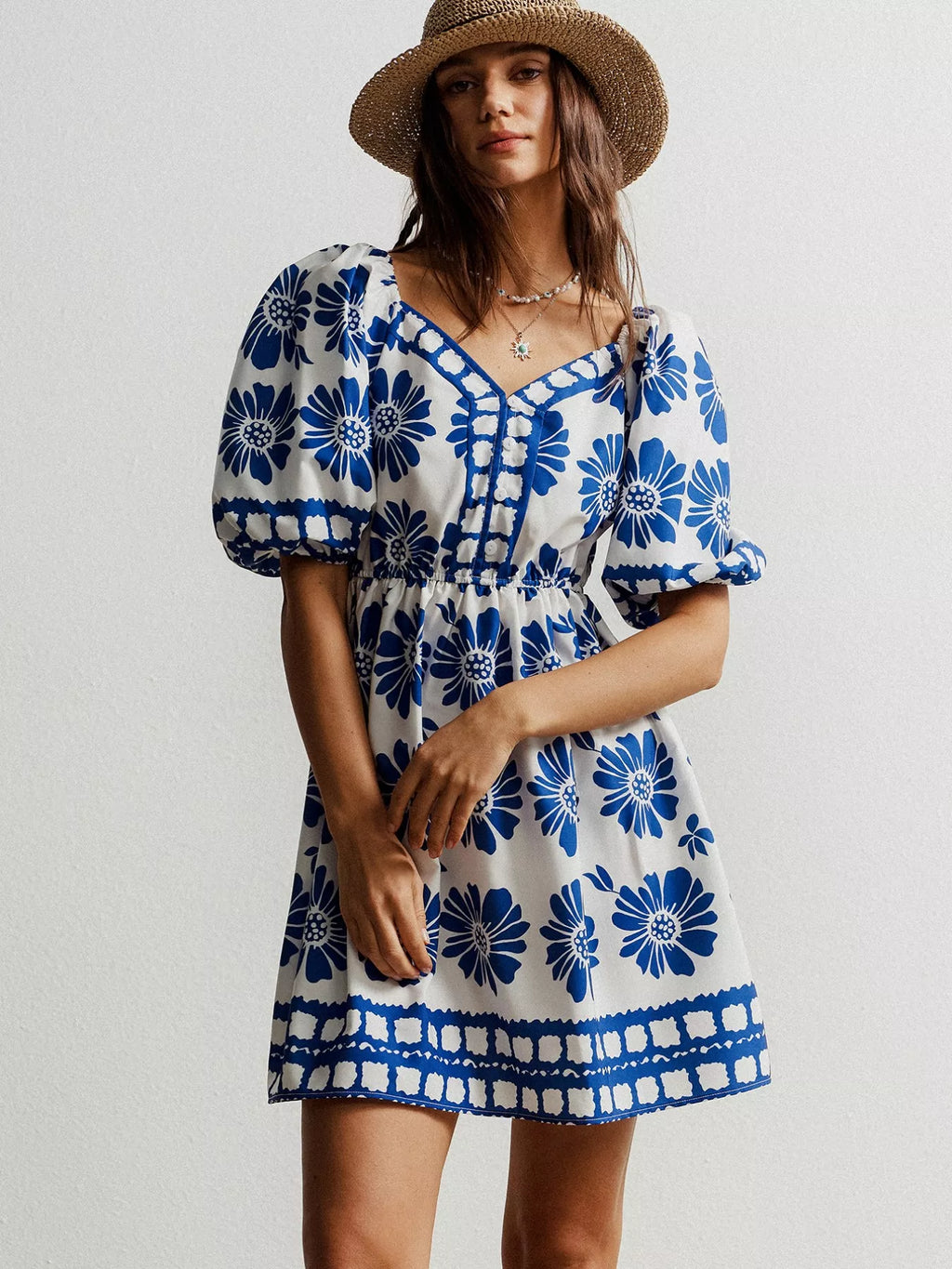 Blue Floral Print Puff Sleeve Mini Dress Bazaare Mart Floral Print Puff Sleeve Mini Dress