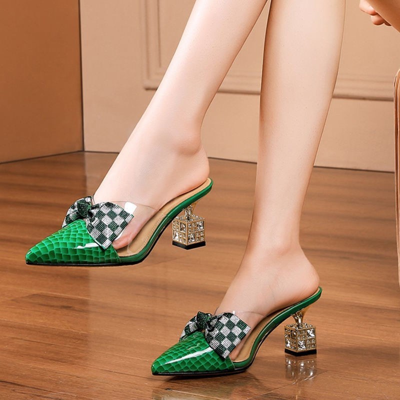Women’s Checkered Bow Mule Heels – Square Heel Statement Sandals Baotou green CJ Dropshipping Plaid Mules