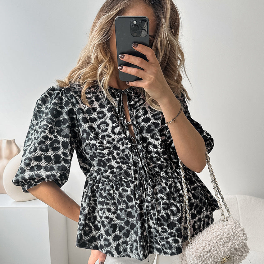 Leopard Lace-up Bubble Sleeve Blouse