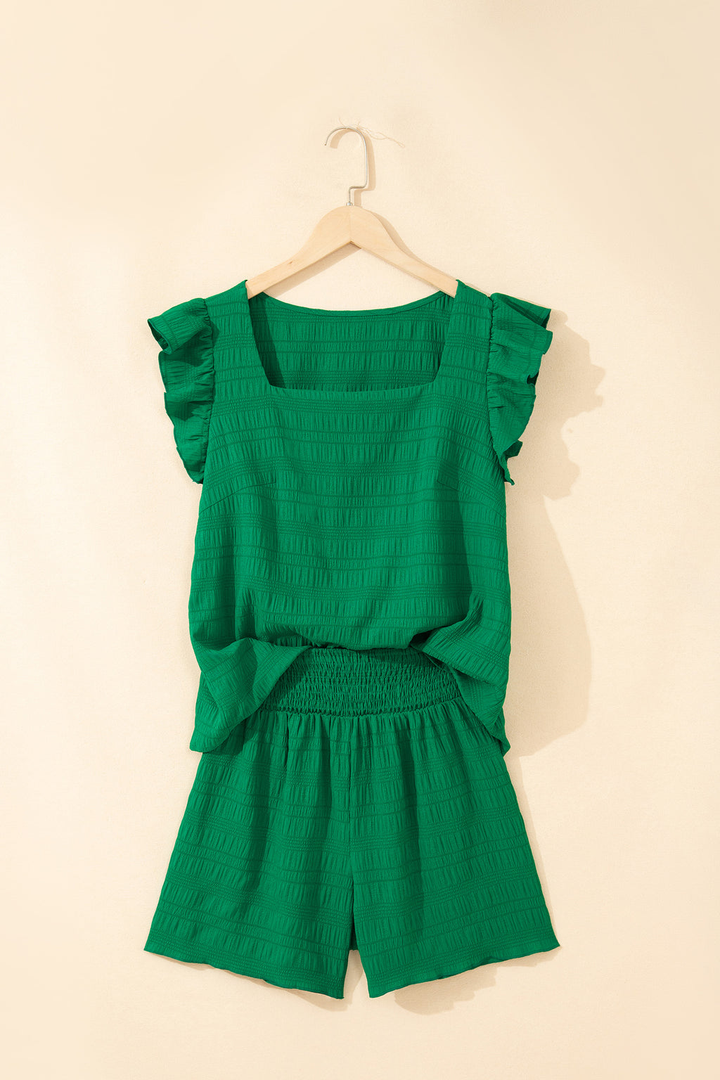 Textured Flutter Sleeve Shorts Set – Square Neck Top & Shirred High Waist Shorts Dear-Lover Dropshipping Two Piece Sets/Short Sets