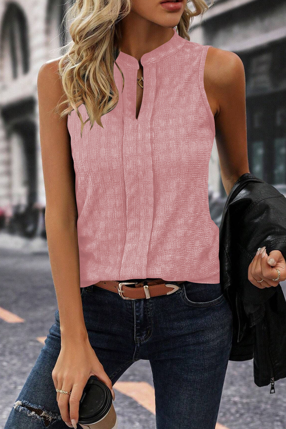 Pink Lattice Textured Split Neck Tank Top