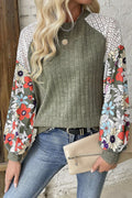 Laurel Green Floral Patchwork Long Sleeve Ribbed Blouse Laurel Green 97%Polyester+3%Elastane Bazaare Mart Tops/Blouses & Shirts
