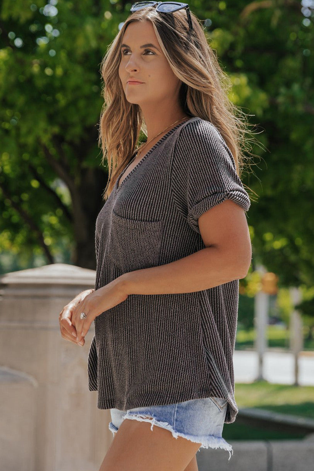 Carbon Grey Short Sleeve Corded V Neck Top