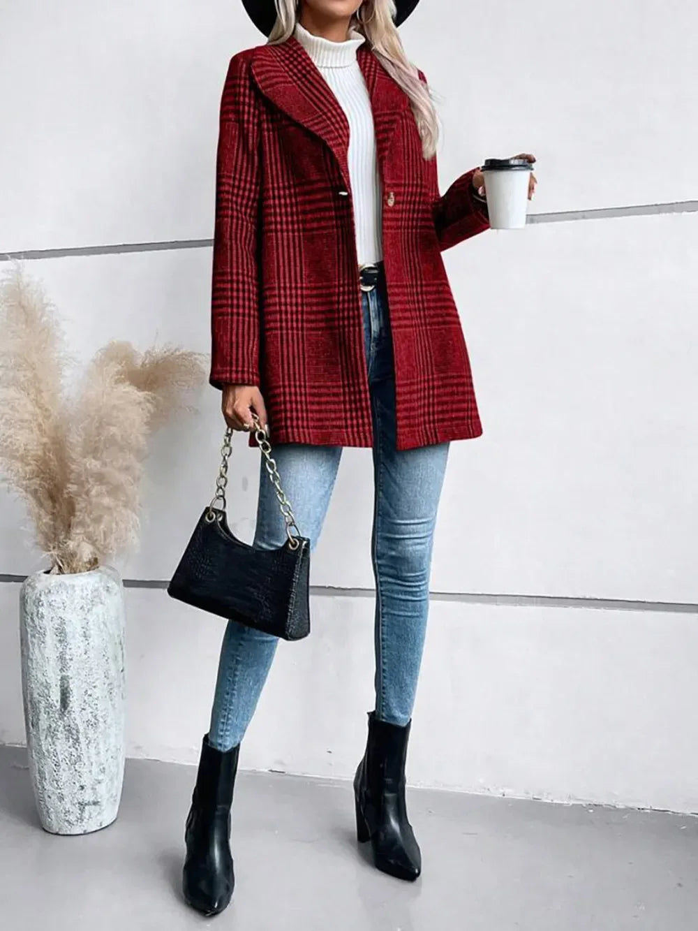 Plaid Big Collar Long Jacket Bazaare Mart Plaid Collared Neck Long Sleeve Jacket