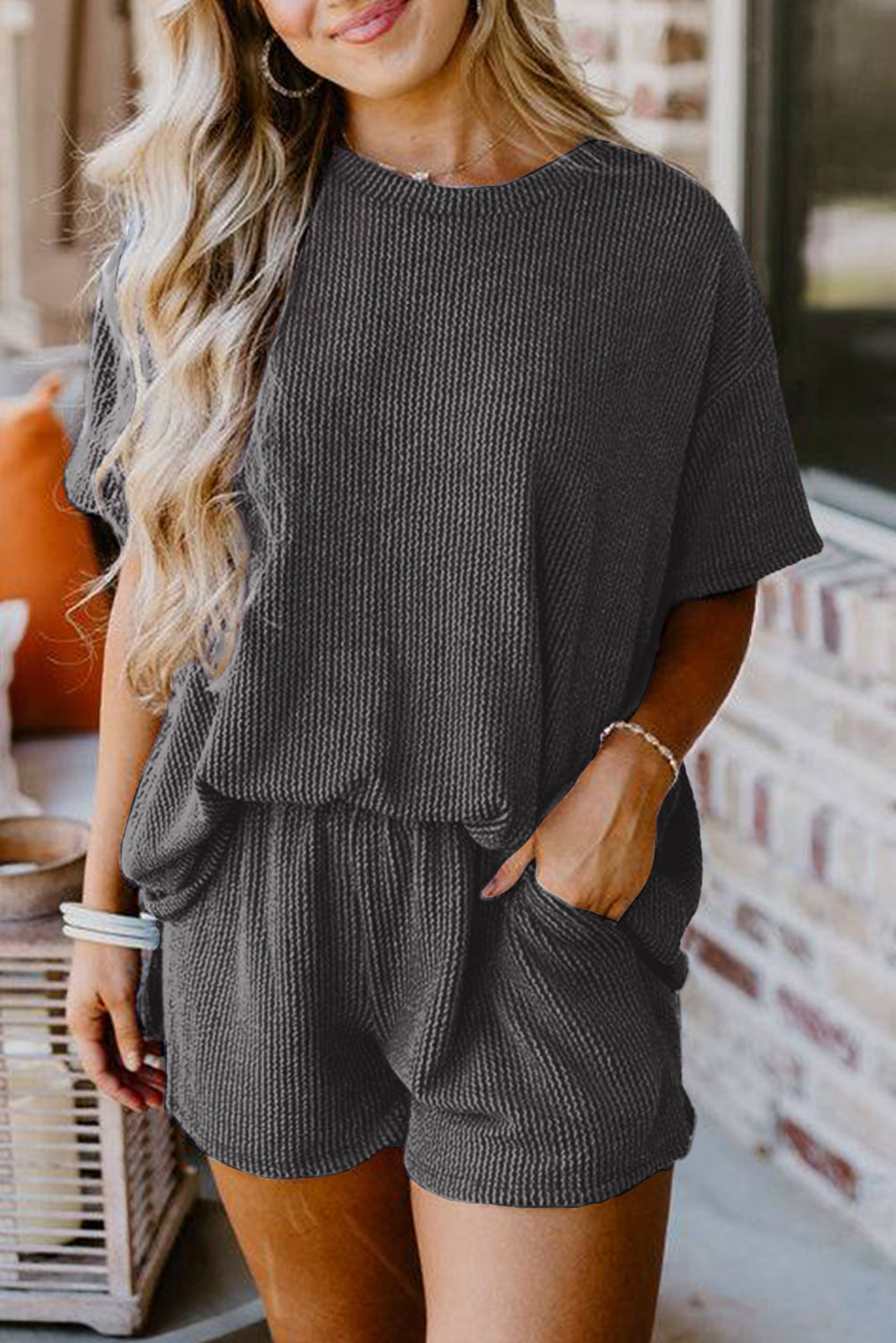 Carbon Grey Ribbed Knit Loose Fit Shorts Set