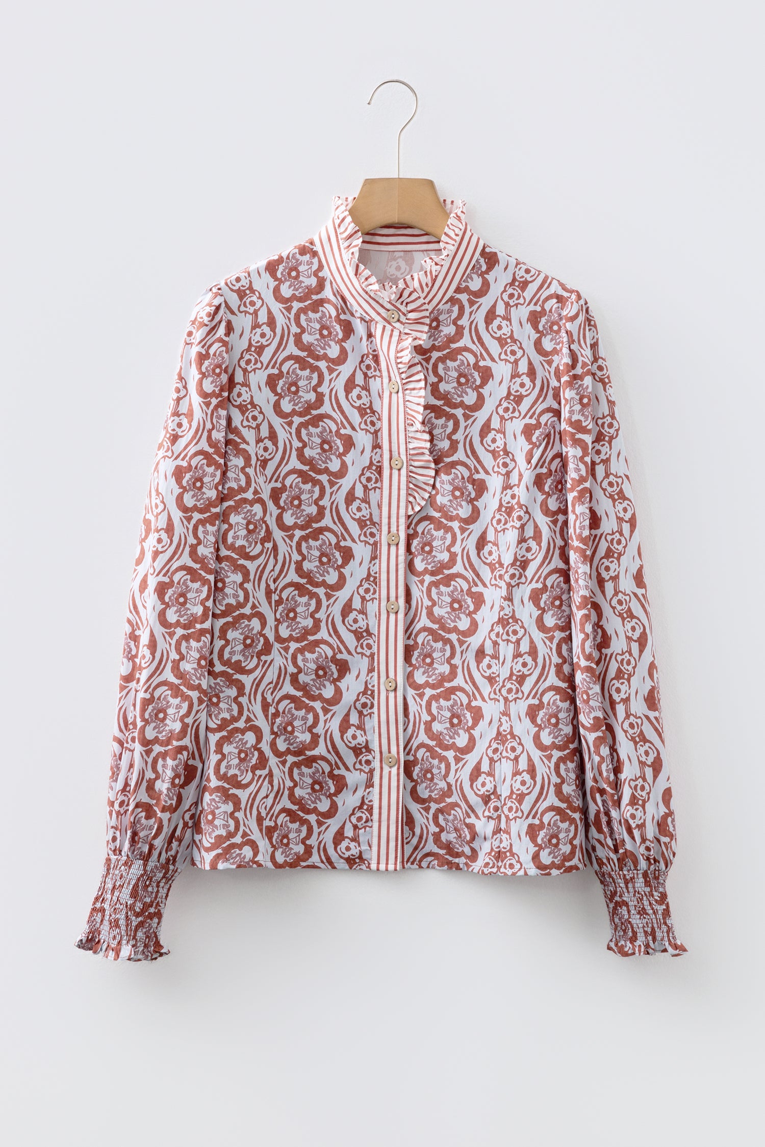 Floral Frilled Stripe Trim Button Long Sleeve Blouse