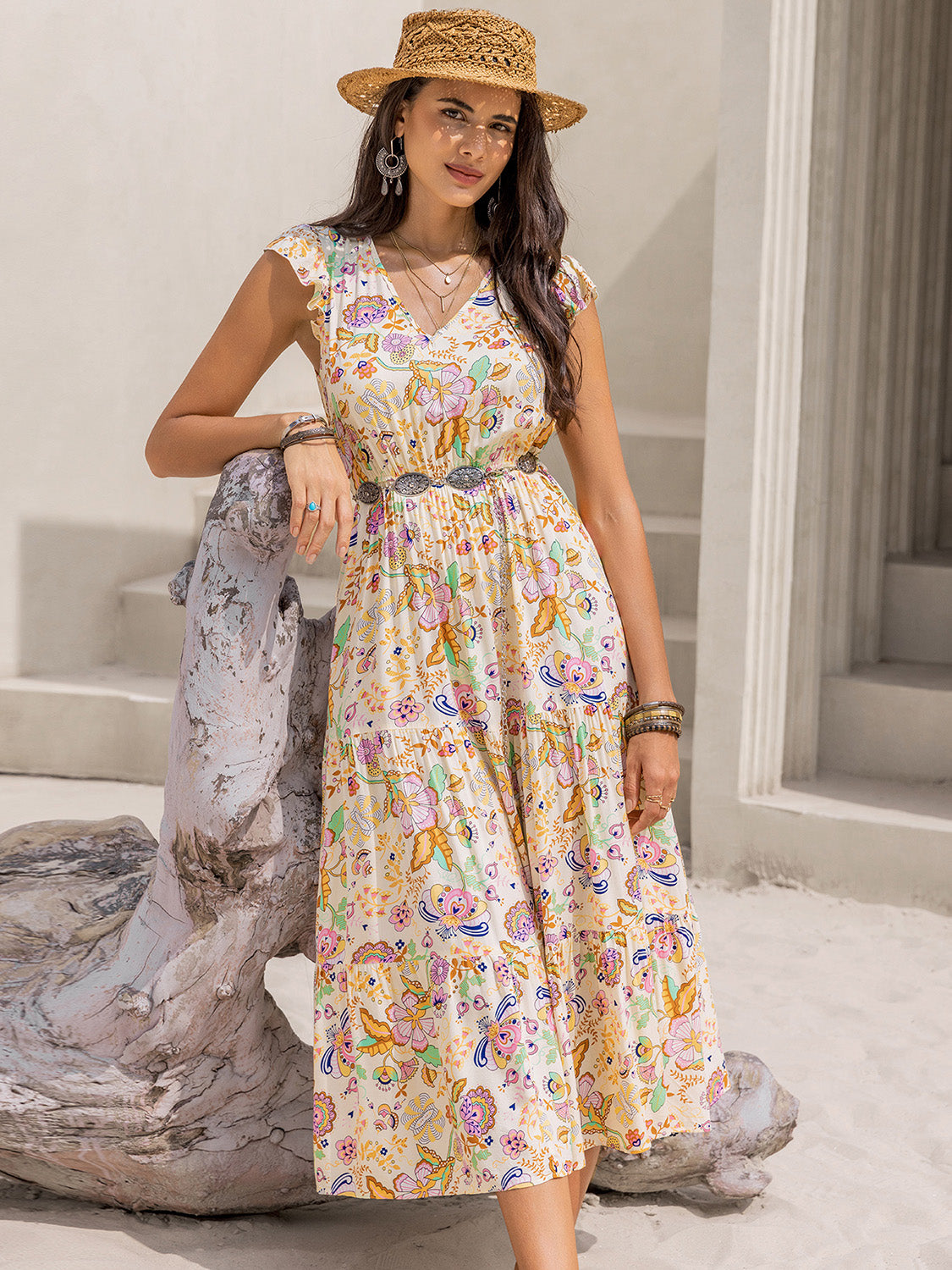 Yellow Floral Ruched Cap Sleeve Midi Dress