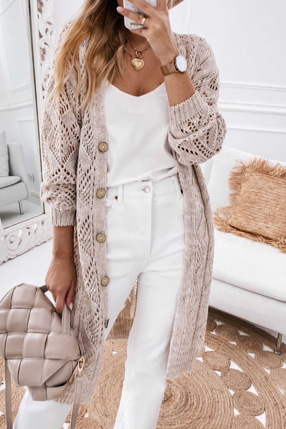 Khaki Openwork Knit Long Cardigan